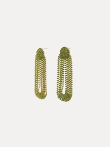 TuEzra 1pair Elegant Green Rhinestone Lightweight Long Tassel Earrings With European And American Style, Suitable For Women To Wear - Green - View 3