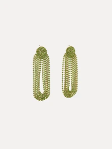 TuEzra 1pair Elegant Green Rhinestone Lightweight Long Tassel Earrings With European And American Style, Suitable For Women To Wear - Green - View 5