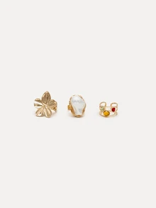 TuEzra 11/6/5 piezas Conjunto de joyería vintage elegante y casual de estilo resort para mujer, con pulsera, anillo de metal con diseño de flor y perla, adecuado para uso diario, fiesta y vacaciones - Oro 37 - Ver 3