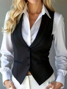 Nuevo chaleco de traje elegante y de moda, chaleco de oficina casual y versátil, negro para primavera/verano/otoño - Negro - Ver 1