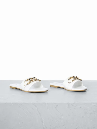 CHICVUE Sandalias de mujer con decoración de cadena, sandalias tipo slip-on de unicolor con punta redonda y planas, sandalias de diapositiva de estilo de vacaciones con tacón bajo casual, nuevas sandalias planas blancas versátiles para el verano