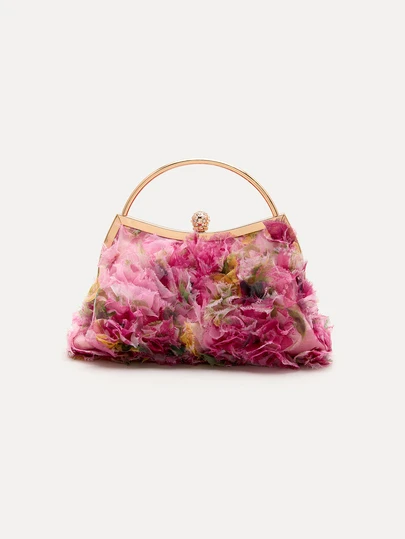 TuEzra 1pc Handmade Colorful Mesh Embroidered Rhinestone Clasp Clutch Bag, Elegant Lady's Evening Handbag With Chain Strap For Party, Ball, Wedding, Luxury Socialite Style (The Floral Pattern Placement May Vary Randomly, Not A Quality Issue, Please Consider Before Purchasing)