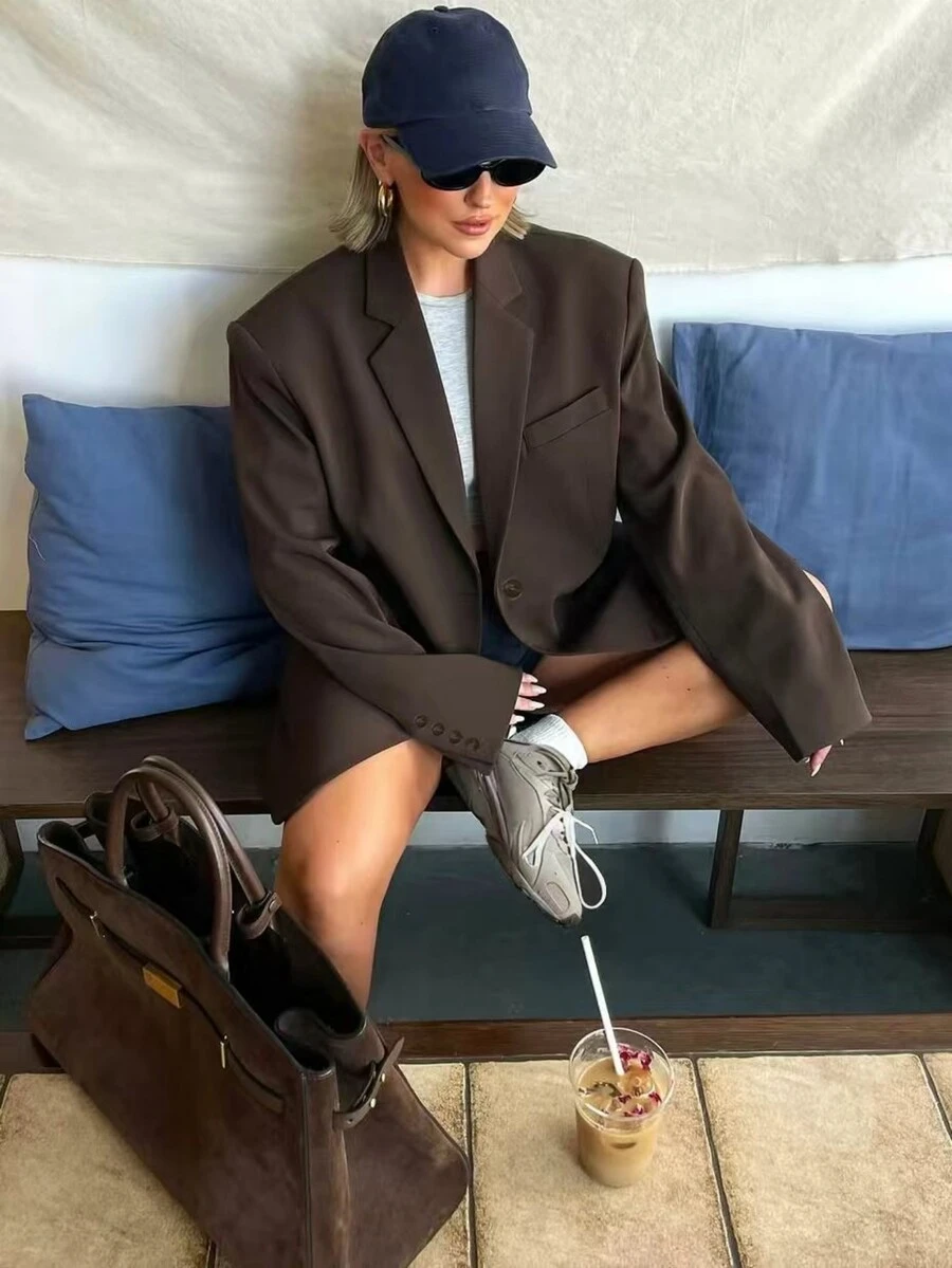 女士休闲宽松棕色长袖西装外套，带纽扣和口袋，常规版型，适合春秋季穿着。 - 咖啡棕 - 查看 1