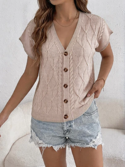 Plus Size Women Elegant Casual Solid Color Ribbed Geometric V-Neck Batwing Sleeve Knit Cardigan, Suitable For Four Seasons/Casual Layering, Plus Size Women Apparel Summer