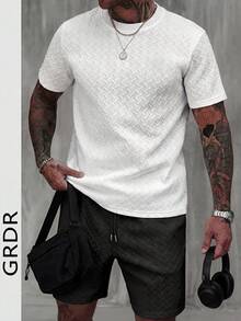 2pcs Men's Diamond Texture T-Shirt And Shorts Set, Casual Commuter Comfortable Minimalist - White - View 3