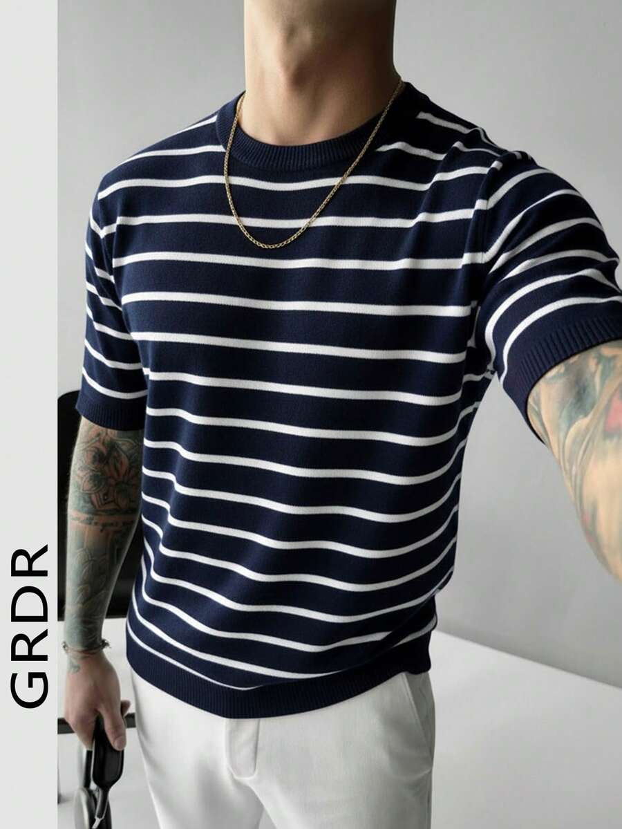 GRDR 男士极简条纹基础款圆领针织短袖毛衣 - 藏蓝色 - 查看 1