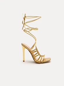 TuEzra Sandálias de Salto Alto da Moda Feminina - Sapatos para Festa com Tiras Cruzadas e Amarração Sexy, Couro PU Metálico, Tiras Finas, Tiras Pequenas Redondas, Laço, Estilo Metálico, Bico Aberto, Calcanhar Aberto, Sandálias de Bico Quadrado Clássico, Salto Banhado a Ouro, Salto Fino, Estilo Verão Ao Ar Livre, Estilo Regular, Sandálias Douradas Femininas, Sandálias de Salto Alto, Versátil, Salto Agulha - Dourado - Visão 4