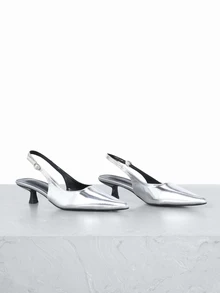 CHICVUE 2025秋冬新款女士黑色高跟鞋，4厘米猫跟尖头鞋，派对高跟鞋，正式场合鞋，无后跟套穿式高跟鞋，尖头高跟鞋，优雅 - 銀色 - 查看 1