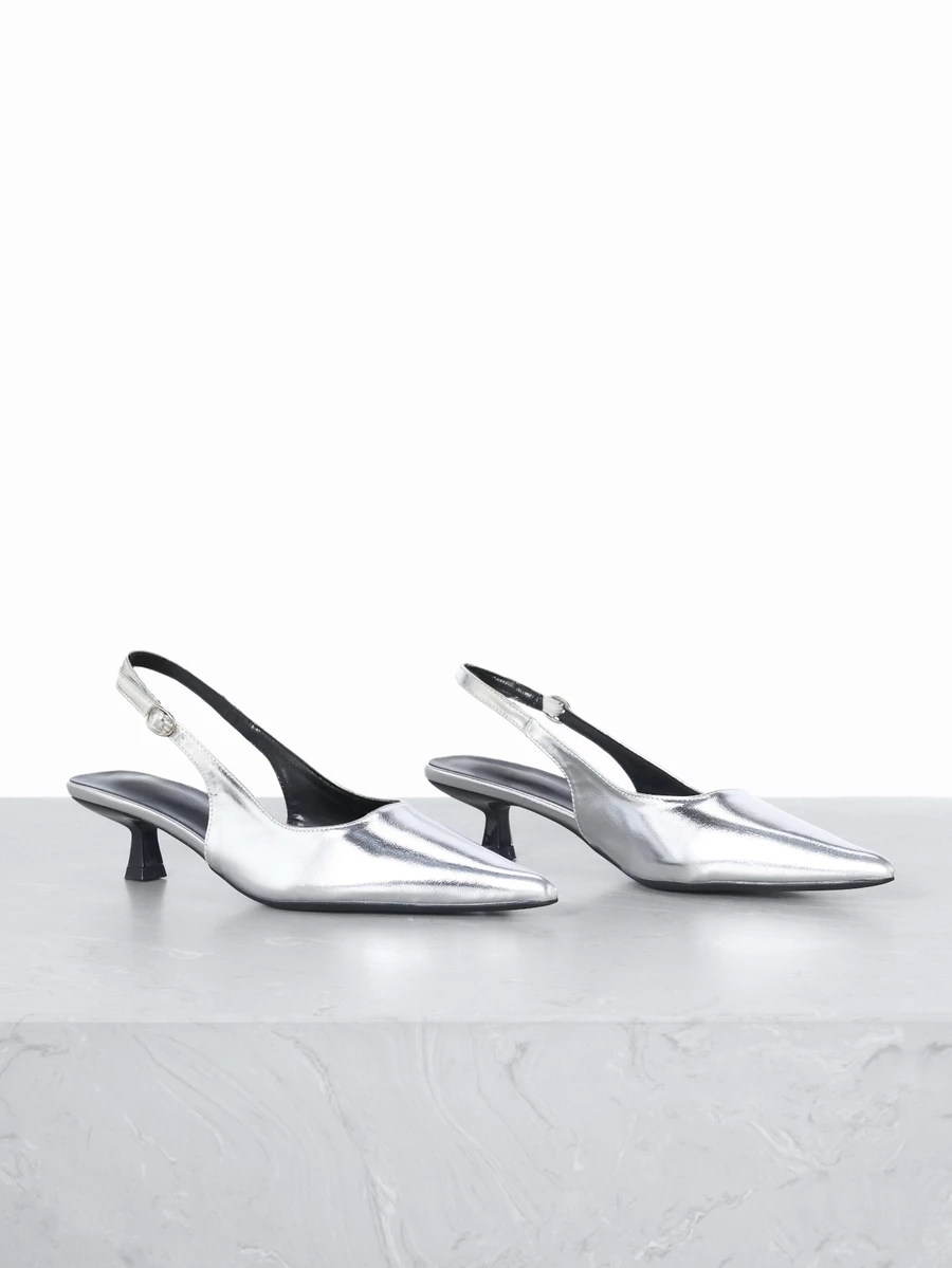 CHICVUE 2025秋冬新款女士黑色高跟鞋，4厘米猫跟尖头鞋，派对高跟鞋，正式场合鞋，无后跟套穿式高跟鞋，尖头高跟鞋，优雅 - 銀色 - 查看 1