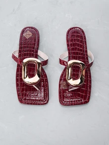 CHICVUE 時尚女士春夏平底拖鞋，簡約金扣，優雅平底涼鞋，紅色滑動，女士趾貼拖鞋 - 紅色 - 查看 5