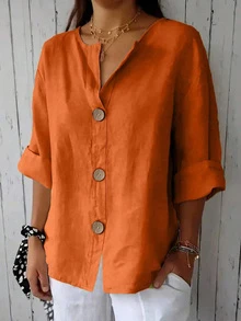 Plus Size Women Casual Button Front Roll Up Sleeve Shirt Blouse - Orange - View 2
