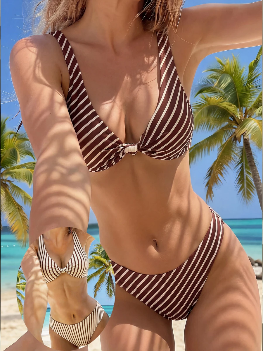 女款夏季比基尼套裝,優雅浪漫雙面印花扭轉設計,適合海灘度假 - 黃咖條紋 - 查看 1