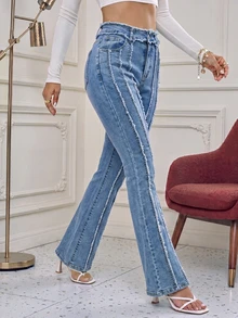 Quần jeans nữ ống loe denim mài thô, dài hơn bình thường và có độ co giãn vừa phải, một lựa chọn sành điệu cho trang phục mùa xuân và mùa thu. - Màu xanh lam - Xem 4