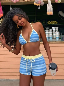 2 chiếc quần bikini kẻ sọc dành cho nữ, đồ bơi thường ngày cho kỳ nghỉ hè, bãi biển, lễ hội âm nhạc, phong cách boho từ thành phố ra biển, mùa xuân/hè. - Màu xanh lam - Xem 4