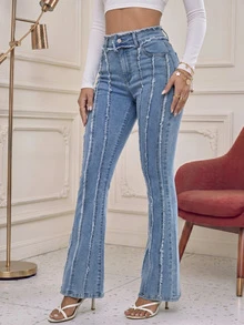 Quần jeans nữ ống loe denim mài thô, dài hơn bình thường và có độ co giãn vừa phải, một lựa chọn sành điệu cho trang phục mùa xuân và mùa thu. - Màu xanh lam - Xem 5