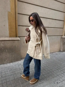 Spring New Sweet Casual Long Sleeve Knit Tie-Front Cardigan - Apricot - View 1