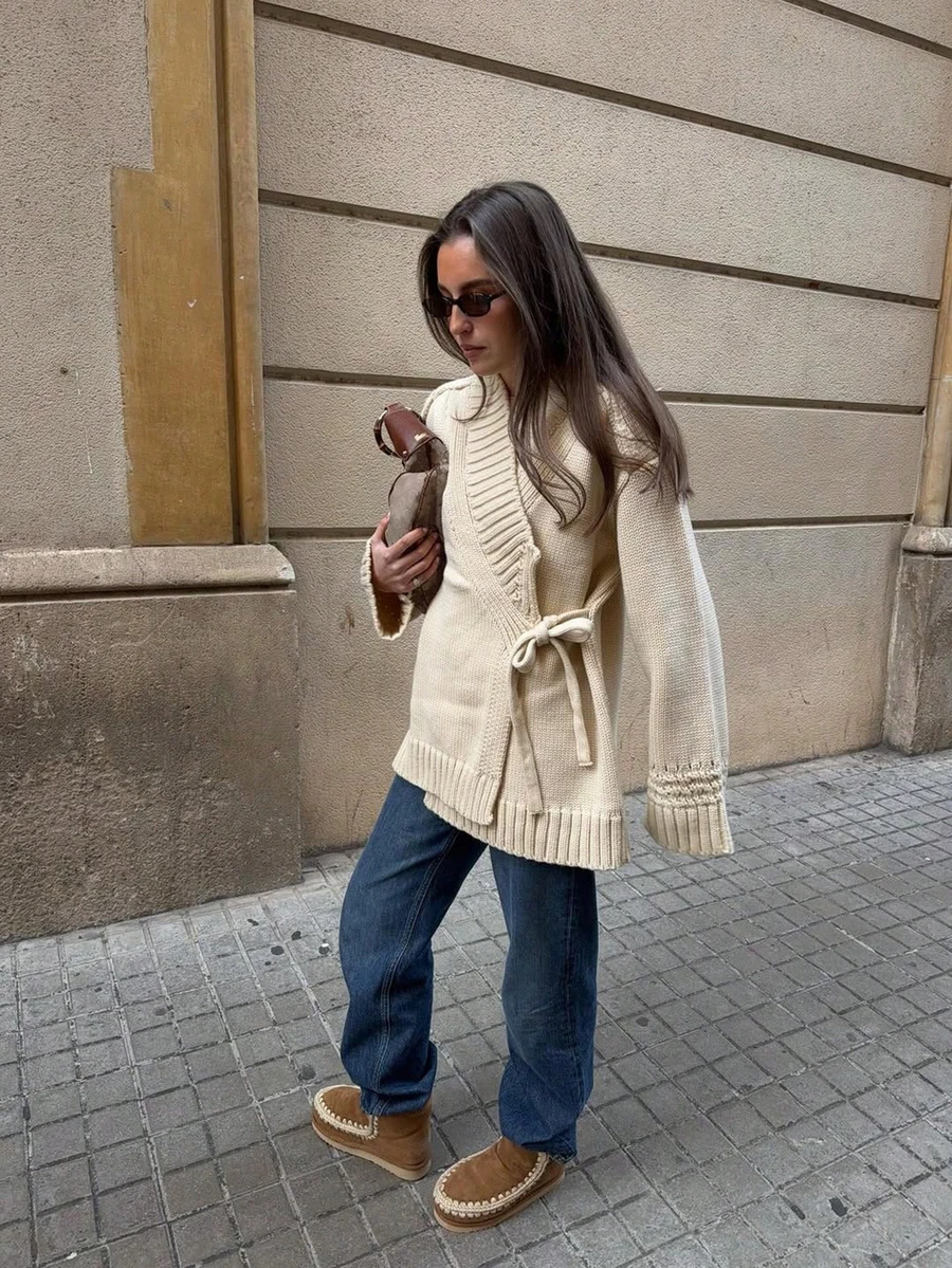 Spring New Sweet Casual Long Sleeve Knit Tie-Front Cardigan - Apricot - View 1