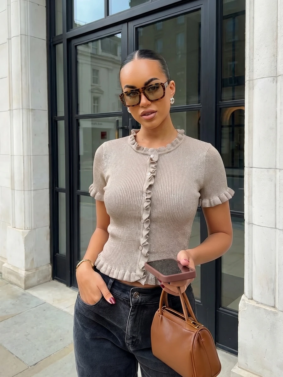 Women's Minimalist Elegant Chic Knit Top, Spring/Summer - Brown - View 1