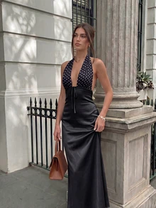Spring & Summer French Elegant Sexy Fashion Luxury Satin Patchwork Polka Dot Spaghetti Strap Fitted Dress Black - Black - View 5