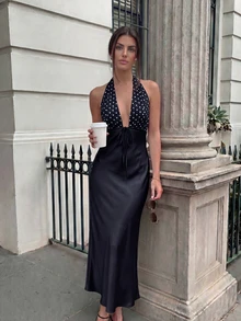 Spring & Summer French Elegant Sexy Fashion Luxury Satin Patchwork Polka Dot Spaghetti Strap Fitted Dress Black - Black - View 4