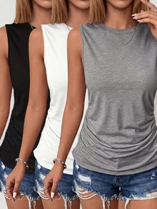 3pcs Women Casual Sleeveless Round Neck Tank Tops - Loose Fit Solid Color Shirts (Black/White/Gray), Machine Washable, Versatile For All Seasons, Daily Wear, Pleated Design, Comfortable Summer - Black, White and Gray - View 1