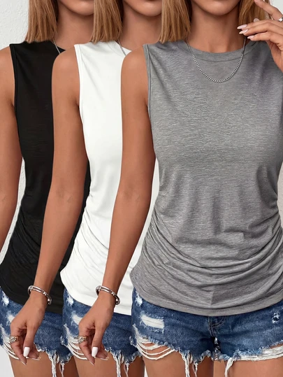 3pcs Women Casual Sleeveless Round Neck Tank Tops - Loose Fit Solid Color Shirts (Black/White/Gray), Machine Washable, Versatile For All Seasons, Daily Wear, Pleated Design, Comfortable Summer