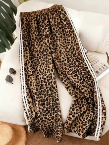 Pantalones de cintura elástica con estampado de leopardo y decoración de rayas laterales para mujer talla grande, vacaciones primavera marrón - Marrón - Ver 1