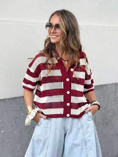 Áo khoác cardigan dệt kim tay ngắn phối sọc tương phản khoét lỗ dành cho nữ, kiểu dáng thường ngày thanh lịch, thích hợp cho mùa hè.