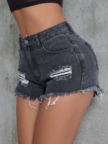 Quần short lửng denim màu xám gợi cảm dành cho nữ, có chi tiết rách, gấu quần tua rua, kiểu dáng mini màu đen. - màu đen - Xem 4