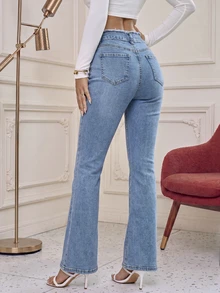 Quần jeans nữ ống loe denim mài thô, dài hơn bình thường và có độ co giãn vừa phải, một lựa chọn sành điệu cho trang phục mùa xuân và mùa thu. - Màu xanh lam - Xem 3