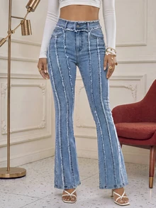 Quần jeans nữ ống loe denim mài thô, dài hơn bình thường và có độ co giãn vừa phải, một lựa chọn sành điệu cho trang phục mùa xuân và mùa thu. - Màu xanh lam - Xem 2