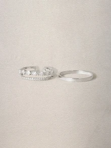 Hatastic 2pcs/Set Fashionable Double Layer Rhinestone Inlaid Open Ring Set - Silver - View 1
