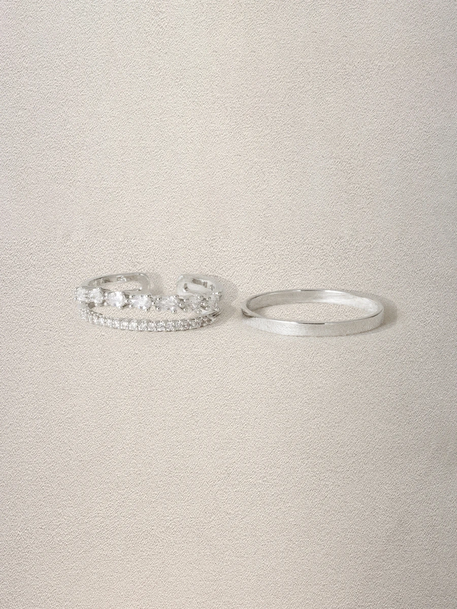 Hatastic 2pcs/Set Fashionable Double Layer Rhinestone Inlaid Open Ring Set - Silver - View 1