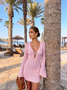 Women's Summer Knit Mini Skirt, Short Skirt With Tie Waist, Deep V-Neck And Floral Decoration, Sexy Bohemian Dress For Vacation And Beach - 藍色 - 查看 10