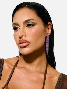 TuEzra 1 Pair Rhinestone Encrusted Long Tassel Earrings, Versatile For Daily Wear - Purple-flat - View 5
