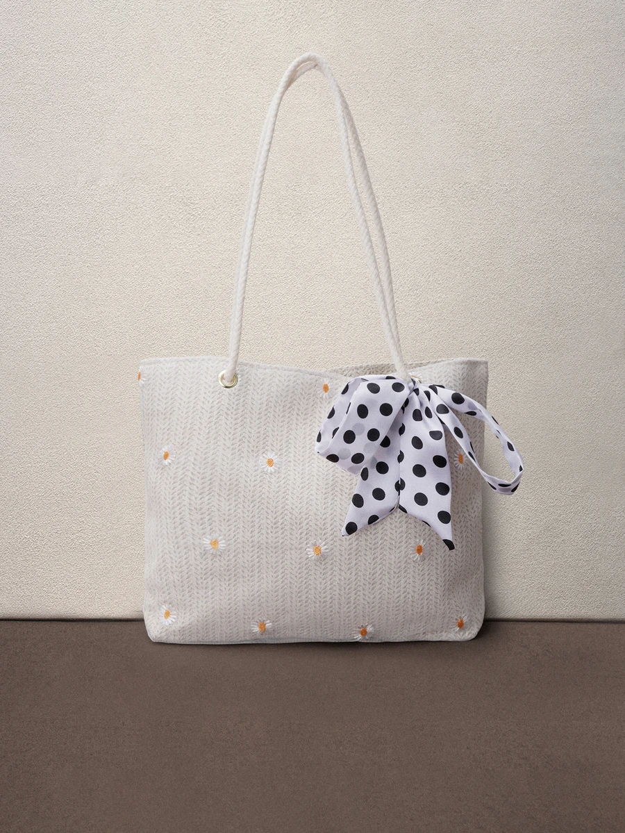 Hatastic Floral Print Decorative Scarf For Mini Shoulder Bag, Fashionable Bow Purse For Women Back To School - Beige - View 1