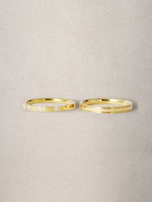 Hatastic 2pcs Simple Stainless Steel Engraved Letter Rings Set With Cubic Zirconia, 18K Gold Plated Hypoallergenic Jewelry Gift Halloween - Gold - View 1