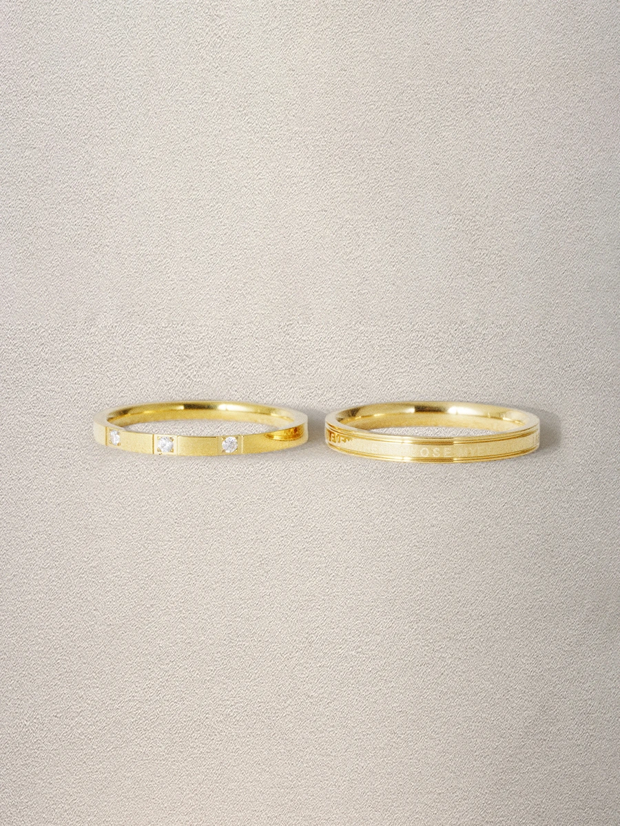 Hatastic 2pcs Simple Stainless Steel Engraved Letter Rings Set With Cubic Zirconia, 18K Gold Plated Hypoallergenic Jewelry Gift Halloween - Gold - View 1