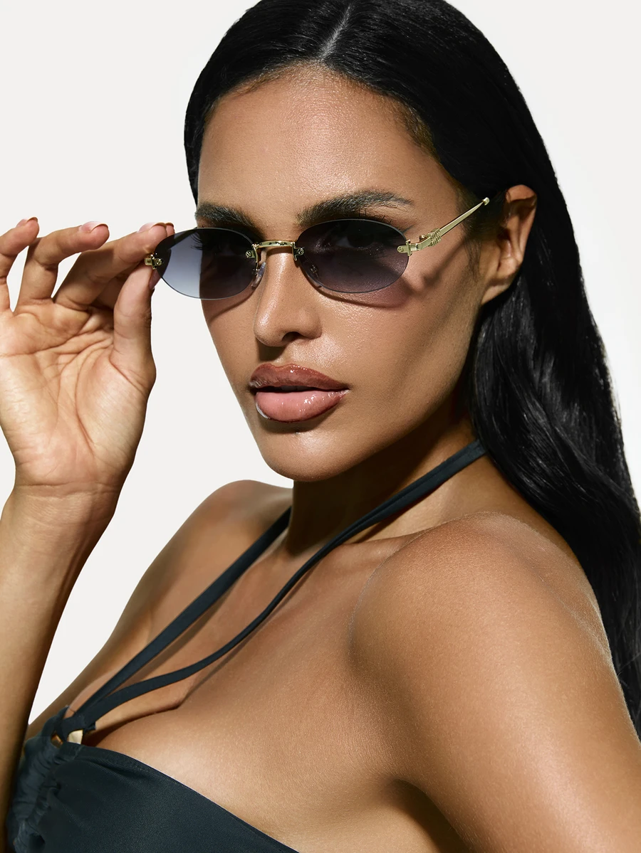 TuEzra 1pc Frameless Oval Small Metal Frame Fashion Glasses, Fashionable For Women, Suitable For All Seasons, Travel, Beach - gradient gray - View 1