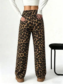 Soulscape PETITE Petite Pantalones Casuales Estilo Vintage Americano Y2K Hot Girl Primavera/Otoño Estampado de Leopardo Clásico para Mujeres, Estilizantes y Alargadores de Pierna Marrón - Marrón - Ver 3