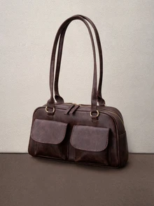 Hatastic Large Capacity Work PU Tote Bag With Multiple Pockets, Simple And Fashionable Women Shoulder Bag, Solid Color Personalized Handbag - Coffee Brown - View 3