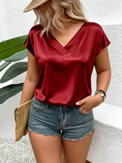 Áo sơ mi nữ tay ngắn màu trơn thời trang kiểu retro bằng vải satin, dáng rộng, thích hợp mặc đi làm và đi nghỉ mát.