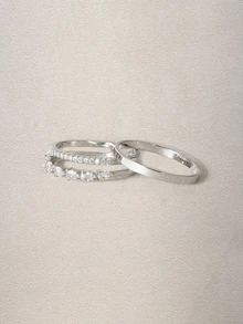 Hatastic 2pcs/Set Fashionable Double Layer Rhinestone Inlaid Open Ring Set - Silver - View 3