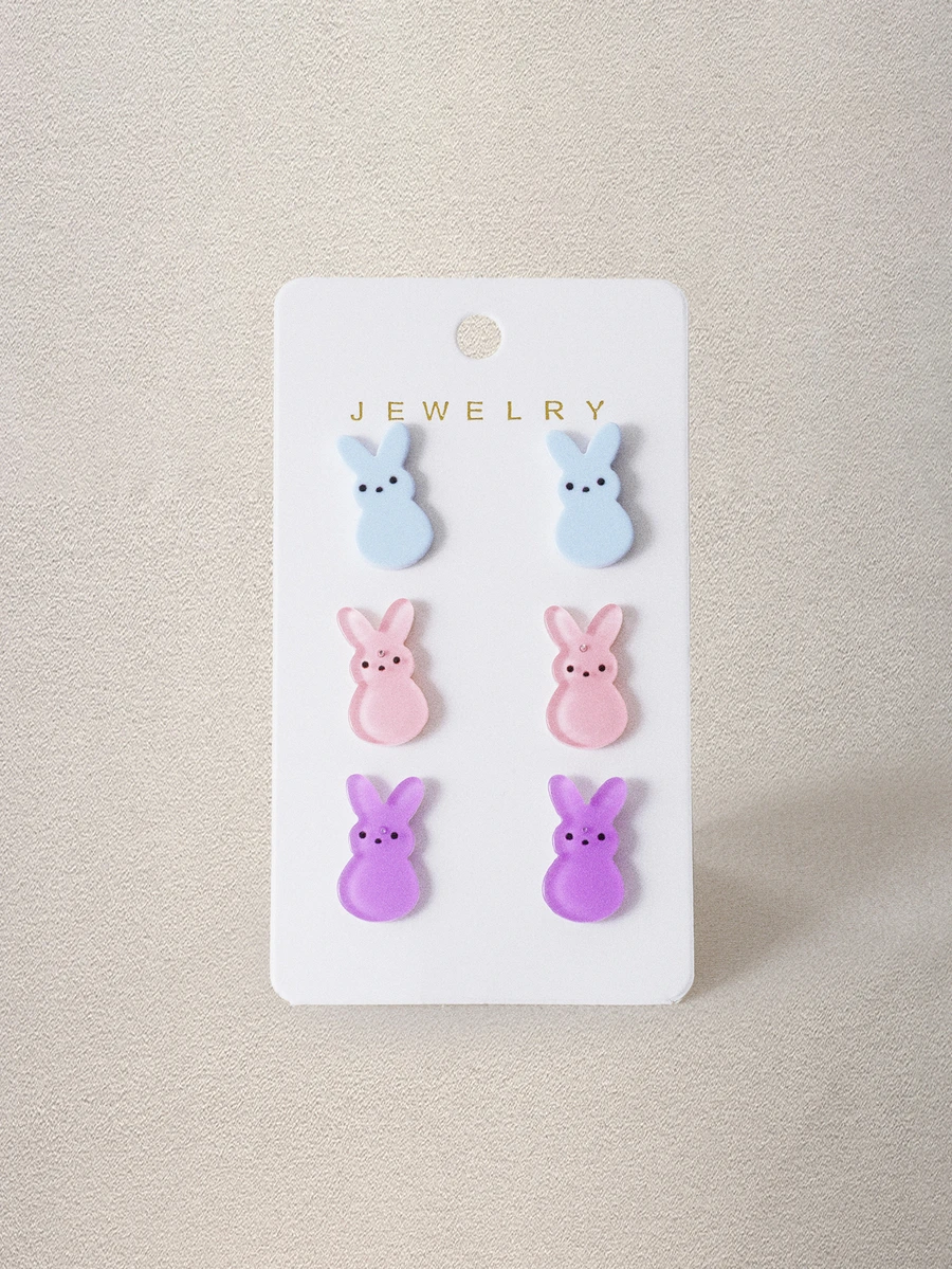 Hatastic 6pcs Colorful Acrylic Easter Bunny Stud Earrings, Cute Contrast Color Egg Rabbit Earrings Set, Versatile Daily Wear For Women Back To School - Style1 - View 1