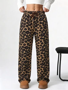 Soulscape PETITE Petite Pantalones Casuales Estilo Vintage Americano Y2K Hot Girl Primavera/Otoño Estampado de Leopardo Clásico para Mujeres, Estilizantes y Alargadores de Pierna Marrón - Marrón - Ver 2