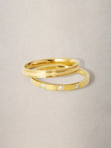Hatastic 2pcs Simple Stainless Steel Engraved Letter Rings Set With Cubic Zirconia, 18K Gold Plated Hypoallergenic Jewelry Gift Halloween - Gold - View 4