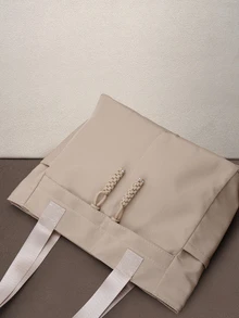 Hatastic Fashionable Versatile Solid Color New Tote Bag, Casual Minimalist Textured Contrast Color Shoulder Bag Back To School - Khaki - View 6
