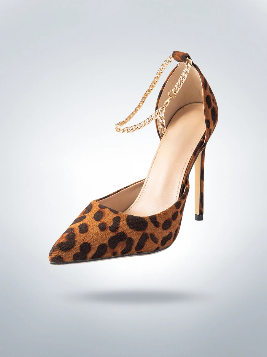 Rollcall Zapatos de tacón alto con estampado de leopardo y cadena metálica para mujer, tacones de aguja súper altos para fiesta - Multicolor - Ver 1