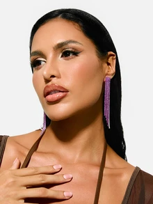 TuEzra 1 Pair Rhinestone Encrusted Long Tassel Earrings, Versatile For Daily Wear - Purple-flat - View 6