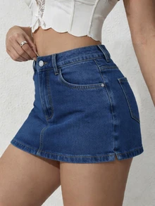 Women's Short Denim Mini Skirt With Sexy Slit Design, Made Of Non-Stretch Fabric Casual - Blue - View 4